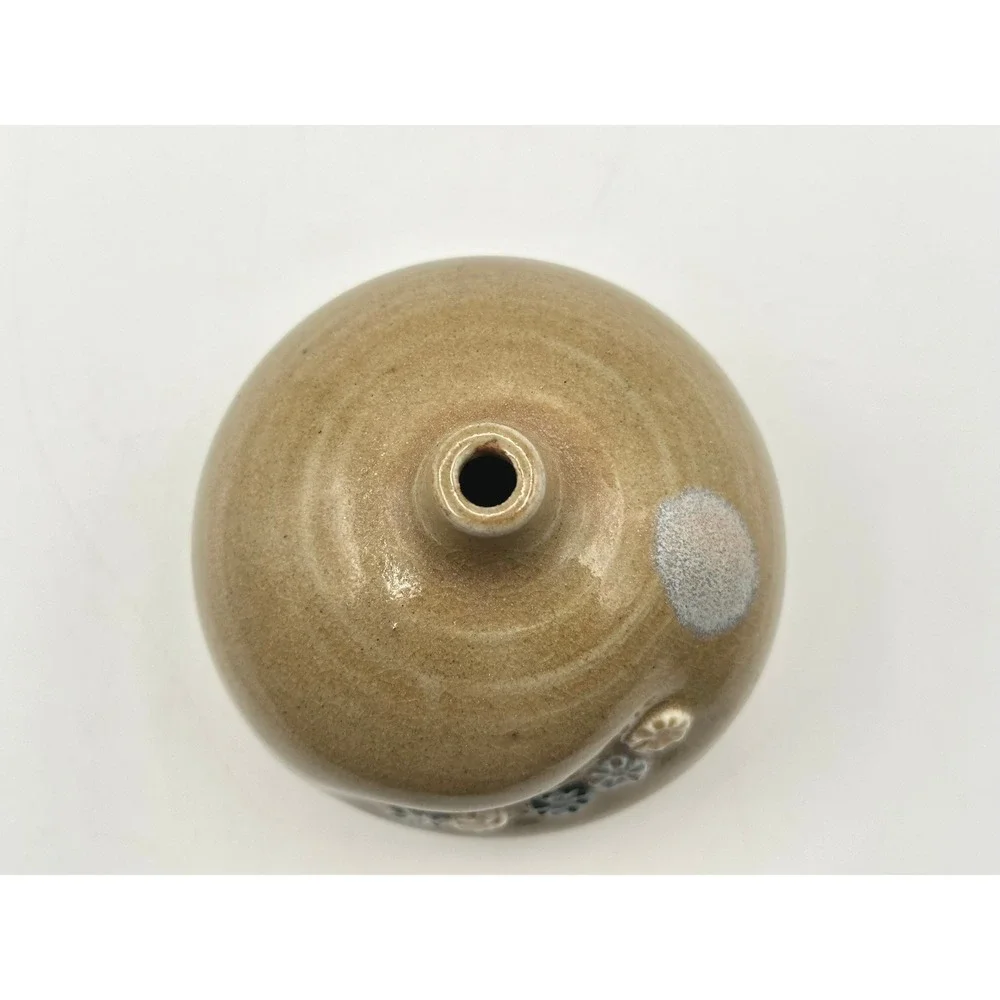 Vintage Studio Pottery Bud Vase Signed Tan Ceramic Floral Round Small 3.5in